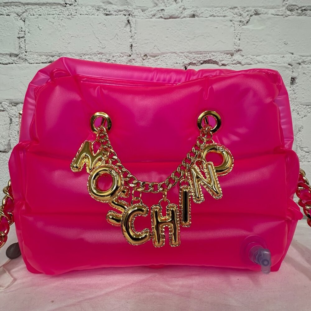 SS23 Moschino Couture Fuchsia Inflatable Crossbody Bag with Logo Charm & Chains